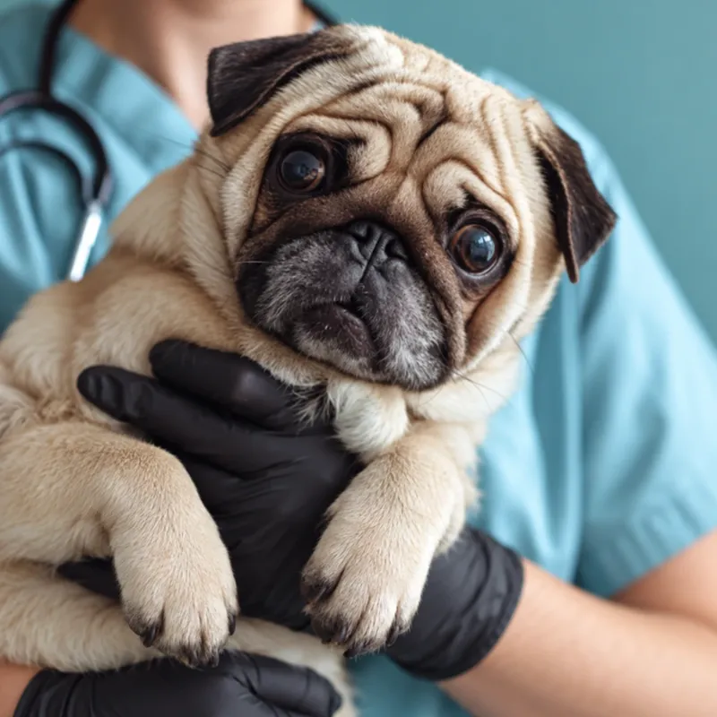 Pug no colo da veterinária